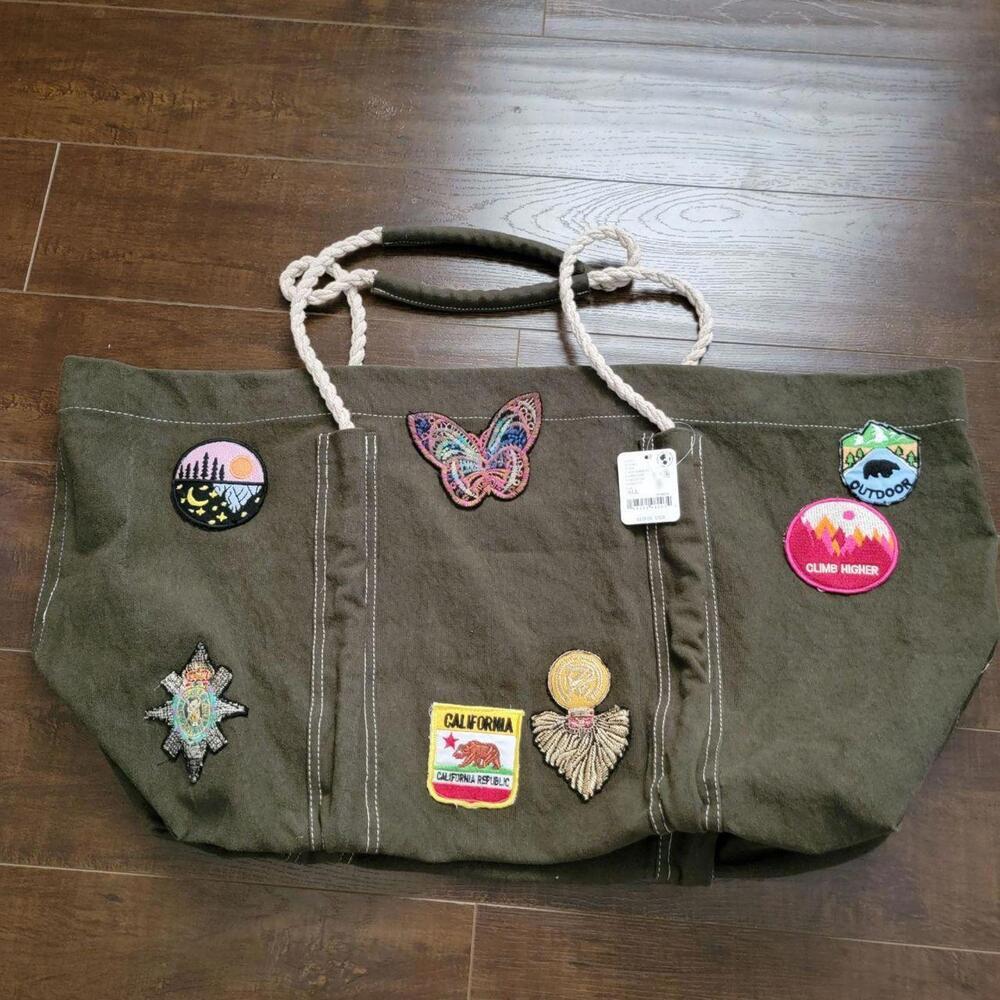 NWT Free People Been There Badge Tote Bag Olive Green Vintage Boho Retro - Picture 3 of 8